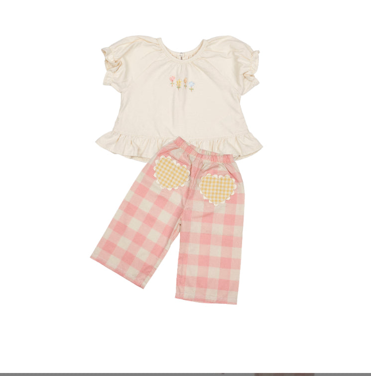 Wild Wawa - Heart Pocket Pant Set - Pink Gingham