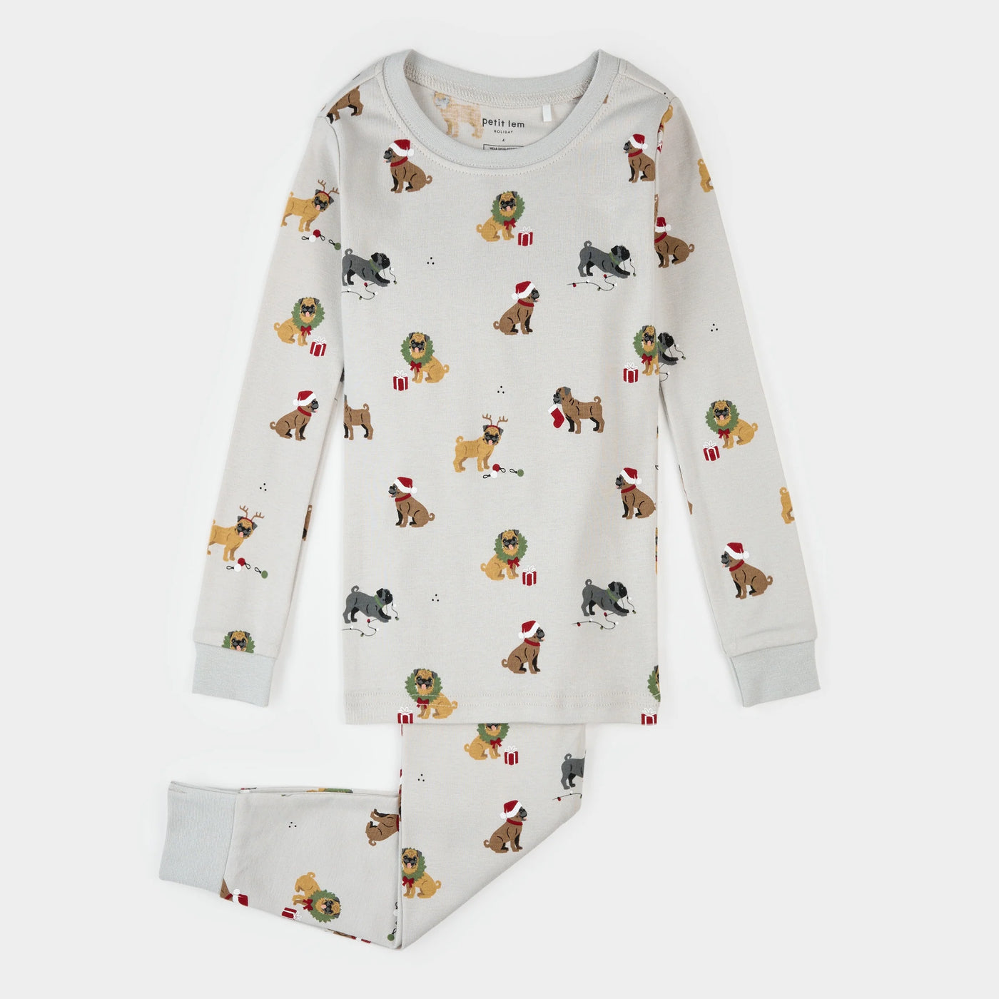 Petit Lem - Holiday Pugs Print on Light Grey PJ Set