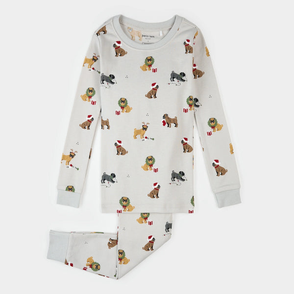 Petit Lem - Holiday Pugs Print on Light Grey PJ Set