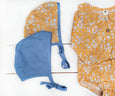 Mali Wear - Baby bonnet Hat reversible linen French blue mustard floral