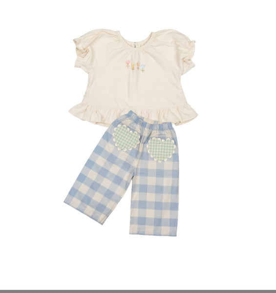 Wild Wawa - Heart Pocket Pant Set - Blue Gingham