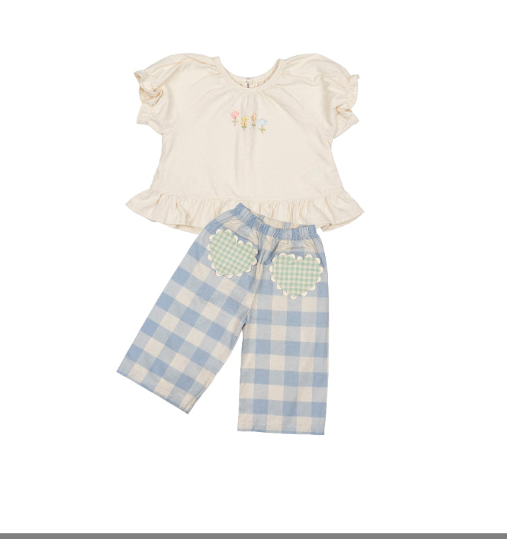 Wild Wawa - Heart Pocket Pant Set - Blue Gingham