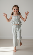 Two Piece Sage Checks Top & Striped Pants Set - Yo Baby