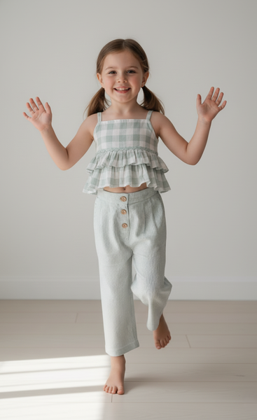 Two Piece Sage Checks Top & Striped Pants Set - Yo Baby