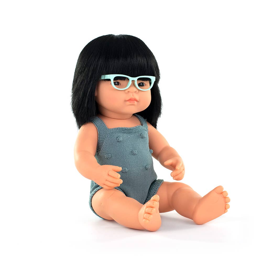 Miniland - Doll Asian Girl Glasses 15” Lead color rompers