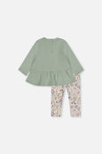 Deux Par Deux | Organic Cotton Peplum & Legging Set - Green & Beige Heart