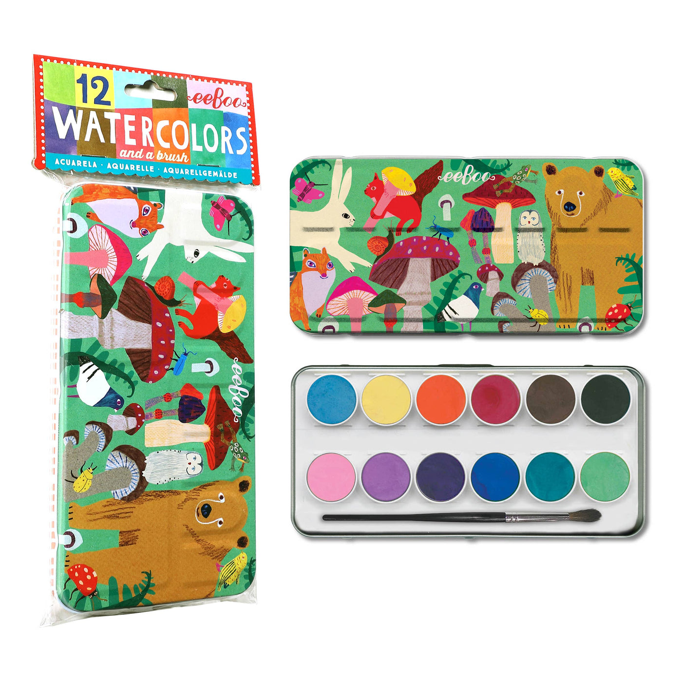 eeBoo - Mushrooms 12 Watercolors Paint Tin