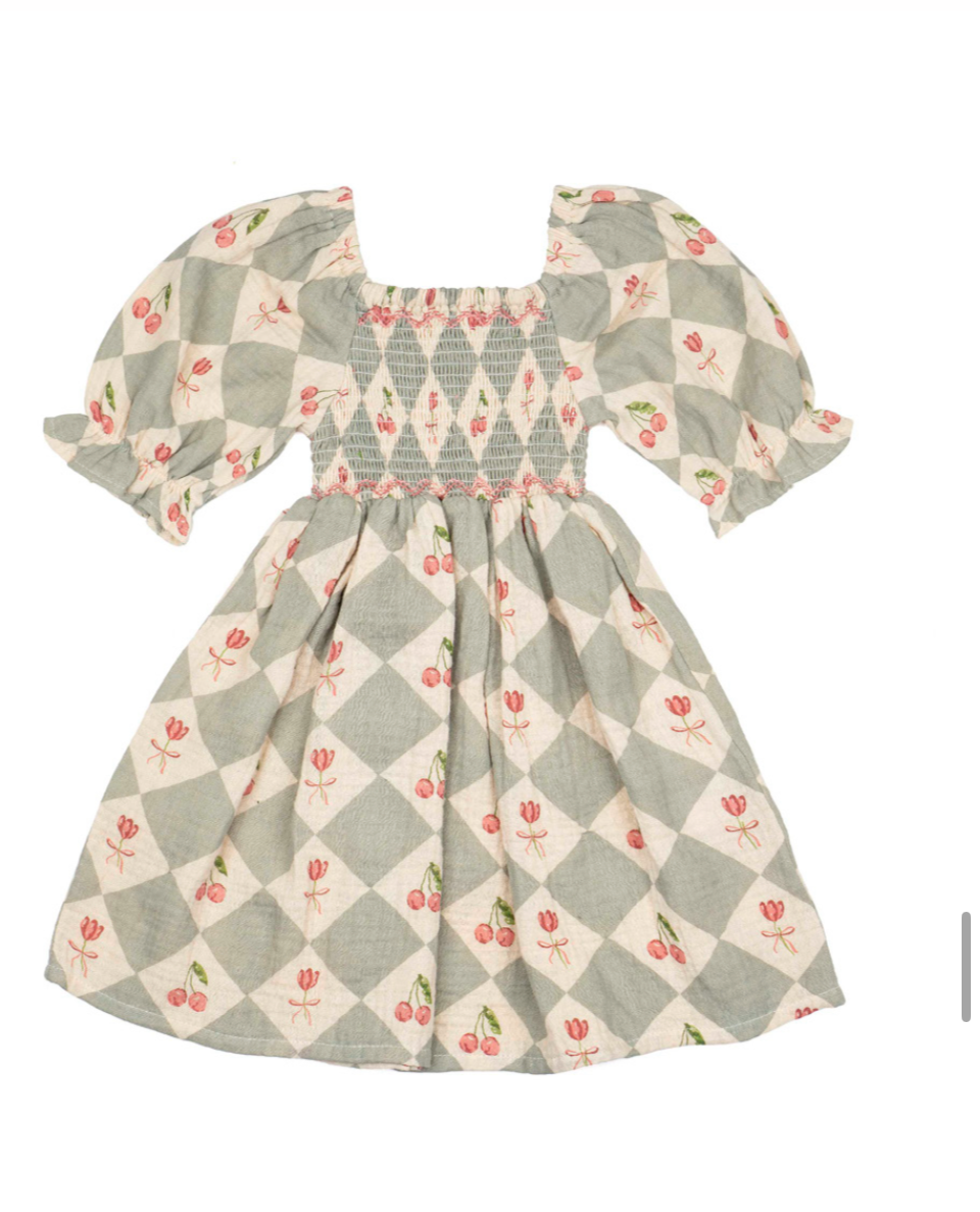 Wild Wawa - Ivy Dress in patchwork Cherrys - Vintage Blue