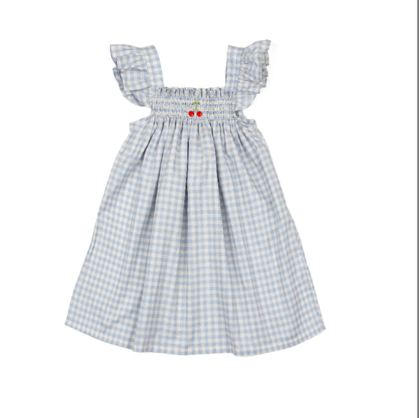 Wild Wawa - Smock Flutter Dress in Blue Gingham Cherry