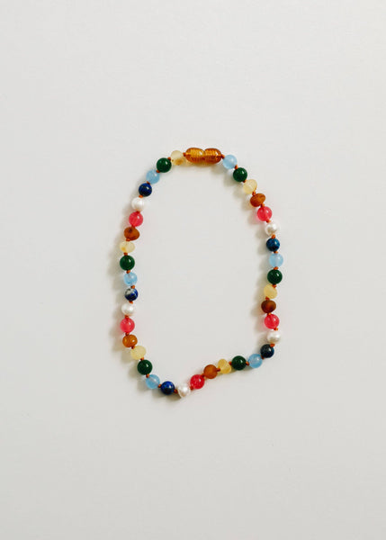 CanyonLeaf - Raw Baltic Amber and Pearl Necklace + Bright Pink Gemstones