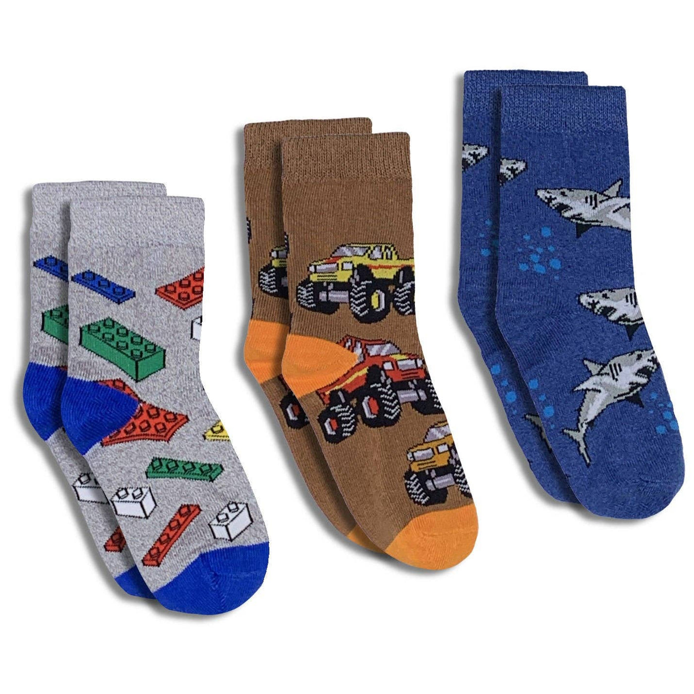 Good Luck Sock - Building Blocks, Trucks and Sharks Kids Socks / 3-Pack