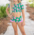Oopsie Daisy - Emma Green & Pink Flower Ruched 2 Piece Swimsuit