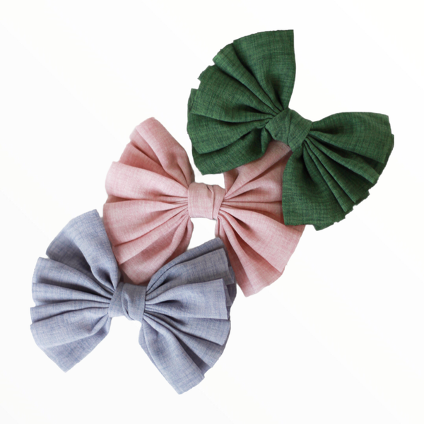 iMiN Kids - Handmade Linen Pleated Bow Clip Green / Grey Blue / Pink