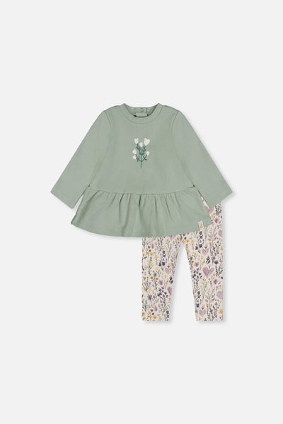 Deux Par Deux | Organic Cotton Peplum & Legging Set - Green & Beige Heart