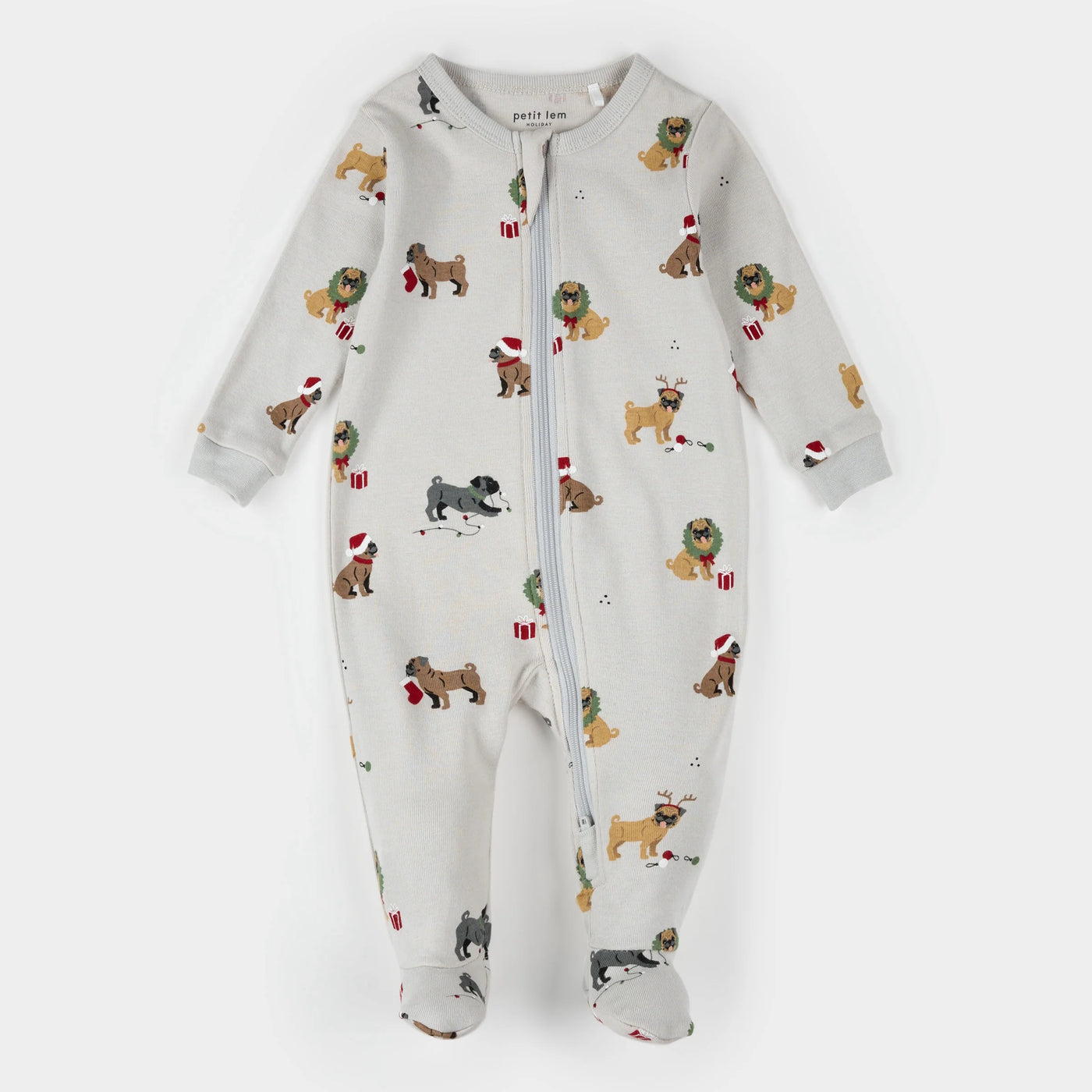 Petit Lem - Holiday Pugs Print on Light Grey Sleeper