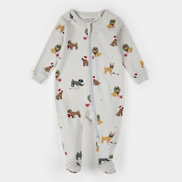 Petit Lem - Holiday Pugs Print on Light Grey Sleeper