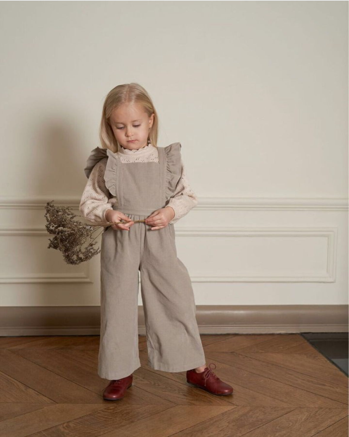 Bebe Organic - Ruffle Corduroy Overalls in cream tan
