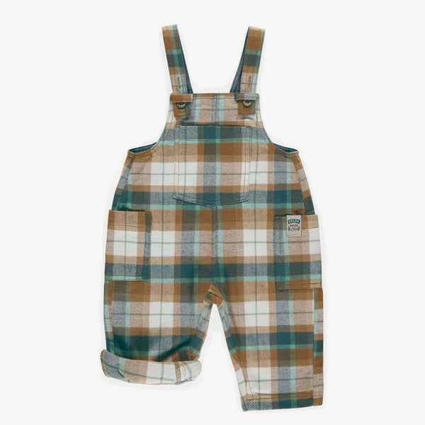 Souris Mini Loose Fit Green and Brown Checkered Overalls in Flannel