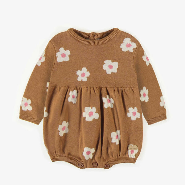 Souris Mini - Brown Puffy One-Piece Knit Romper with Flowers