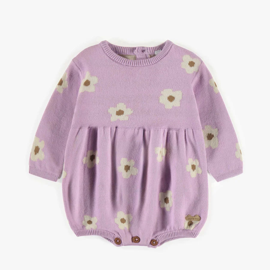 Souris Mini - Light Purple Puffy One-Piece Knit Romper with Flowers