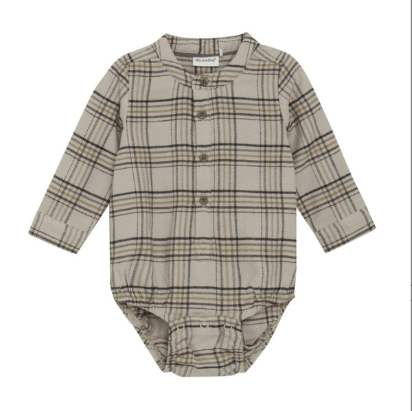 Minymo - Plaid Button Down Onesie in Oxford Tan