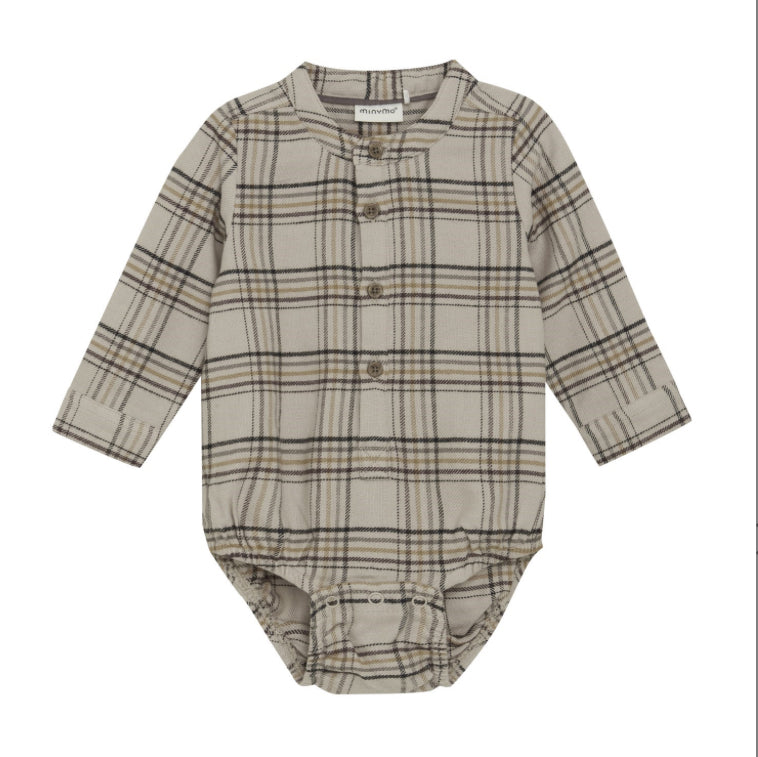 Minymo - Plaid Button Down Onesie in Oxford Tan