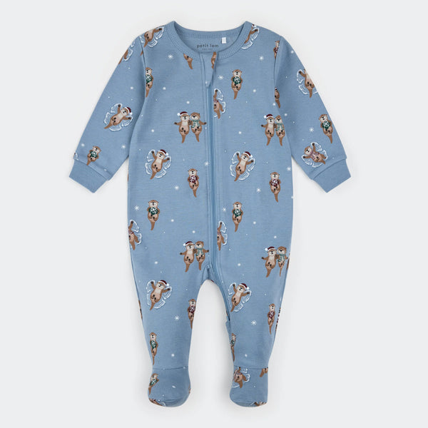 Petit Lem - Otterly Festive Print on Pearl Blue Sleeper