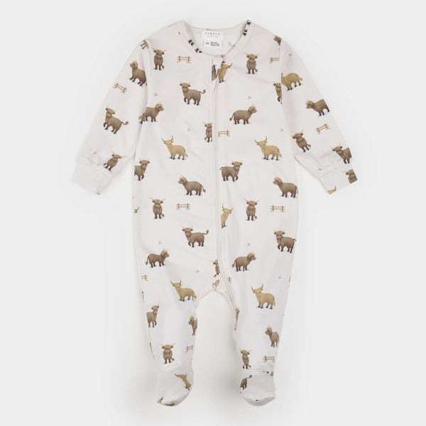 Petit Lem - Highland Cow Print on Crème LunaKnit Sleeper