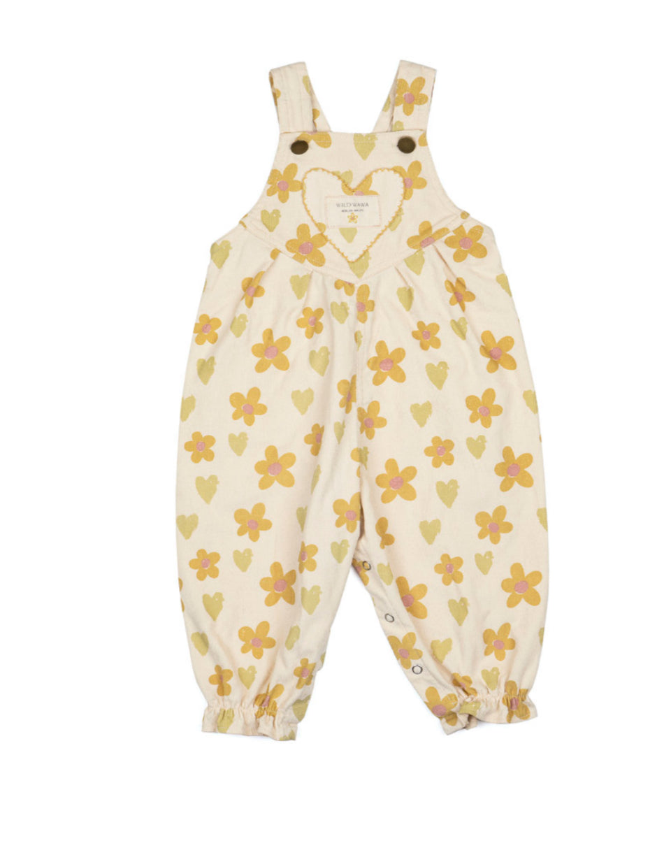 Wild Wawa - Heart Pocket Overalls in Floral Hearts Honey
