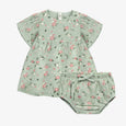 Souris Mini - Green Knitted Dress with Flower Print and Bloomers