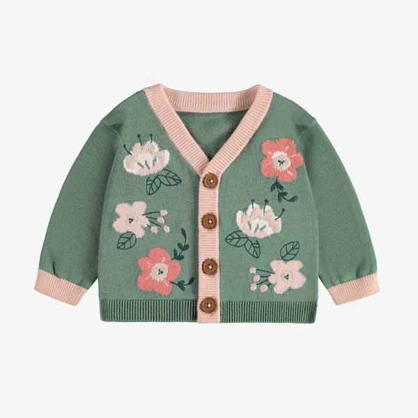 Souris Mini - Green Knitted Vest with Flower In Jacquard Pattern