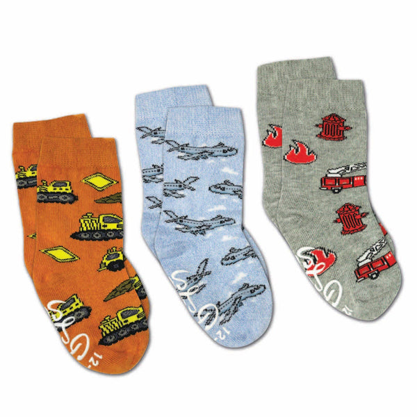 Good Luck Sock - Airplanes, Construction And Firefighter Kids Socks / 3-Pack