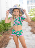 Oopsie Daisy - Emma Green & Pink Flower Ruched 2 Piece Swimsuit