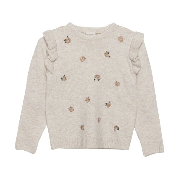 Minymo - Knitted Pullover Beige Melange with Flowers
