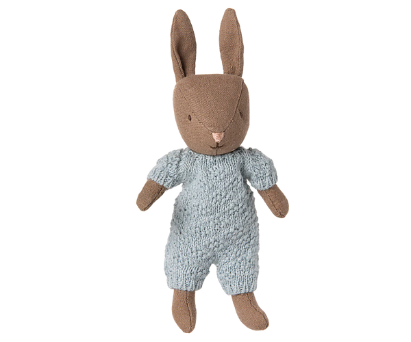 Maileg - Rabbit, micro - Brown - Blue Knitted Suit