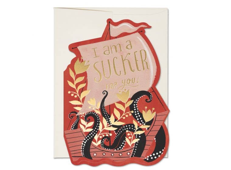 Red Cap Cards - Octopus Ship Valentine's Day greeting card