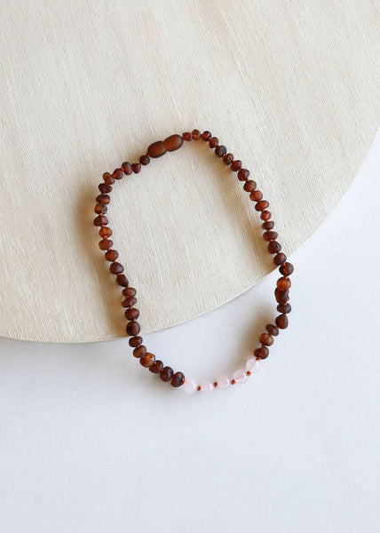 CanyonLeaf - Kids: Raw Cognac Amber + Rose Quartz || Necklace - Two Little Birds Boutique