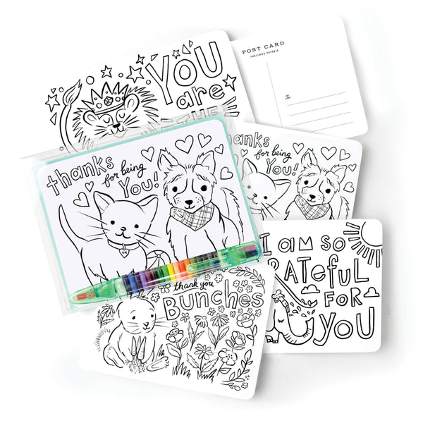 Inklings Paperie - Box of 12 - Thank You Kids Color-In Postcard Kit