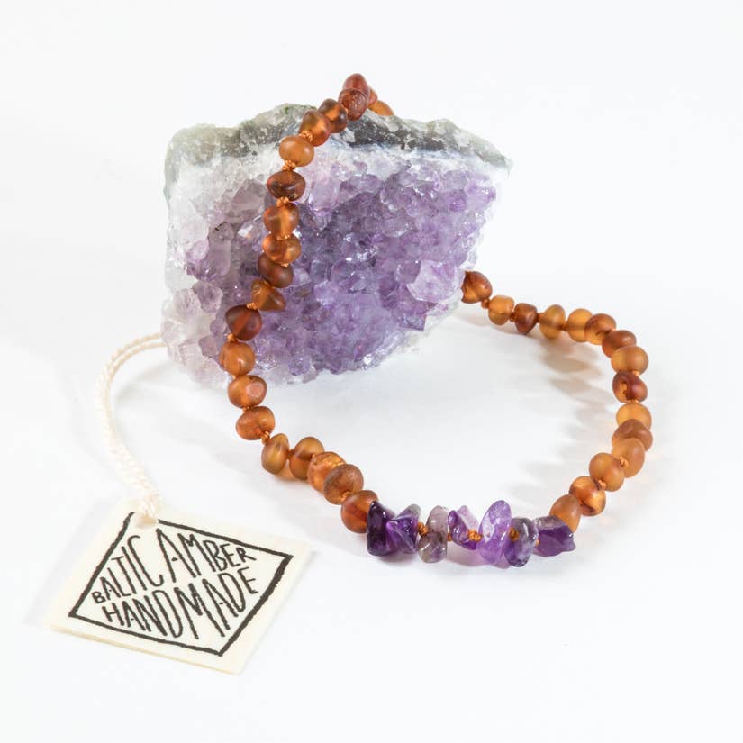 CanyonLeaf - Kids: Raw Cognac Amber + Amethyst Necklace - Two Little Birds Boutique